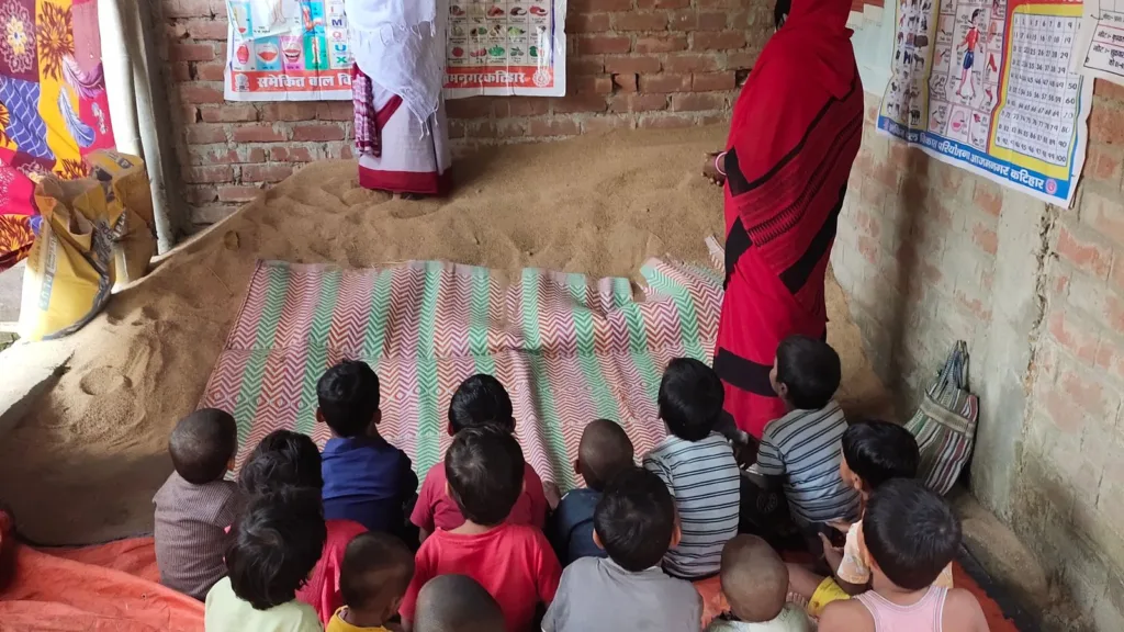 Children participating in a lesson in a rural Indian classroom