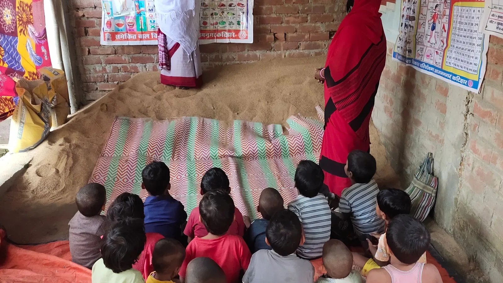 Children participating in a lesson in a rural Indian classroom